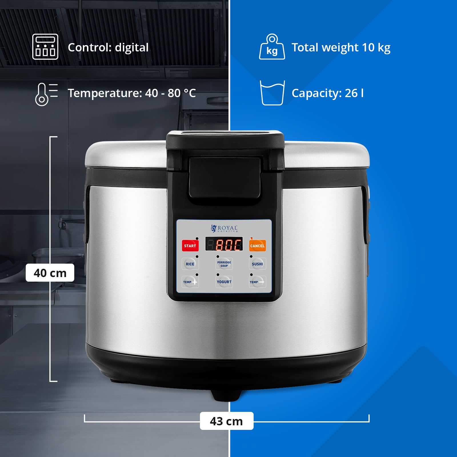 Royal Catering Reiswärmer 26 l 110 W 3 Heizzonen digitale Bedienung antihaftbeschichteter Gartopf inkl. Reislöffel Joghurtbereiter Suppenwärmer Speisenwärmer