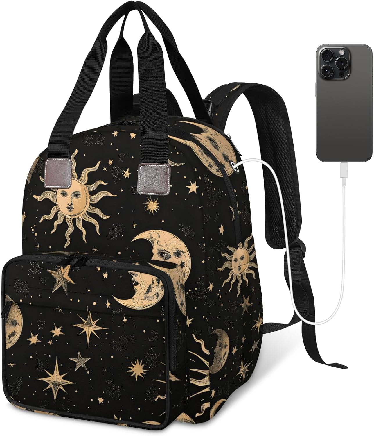 Moon Sun Stars Diaper Bag Backpack for Travel, Waterproof Diaper Bag with Insulated Bottle Pockets & USB Port, Large Capacity Baby Bag for Moms & Dads