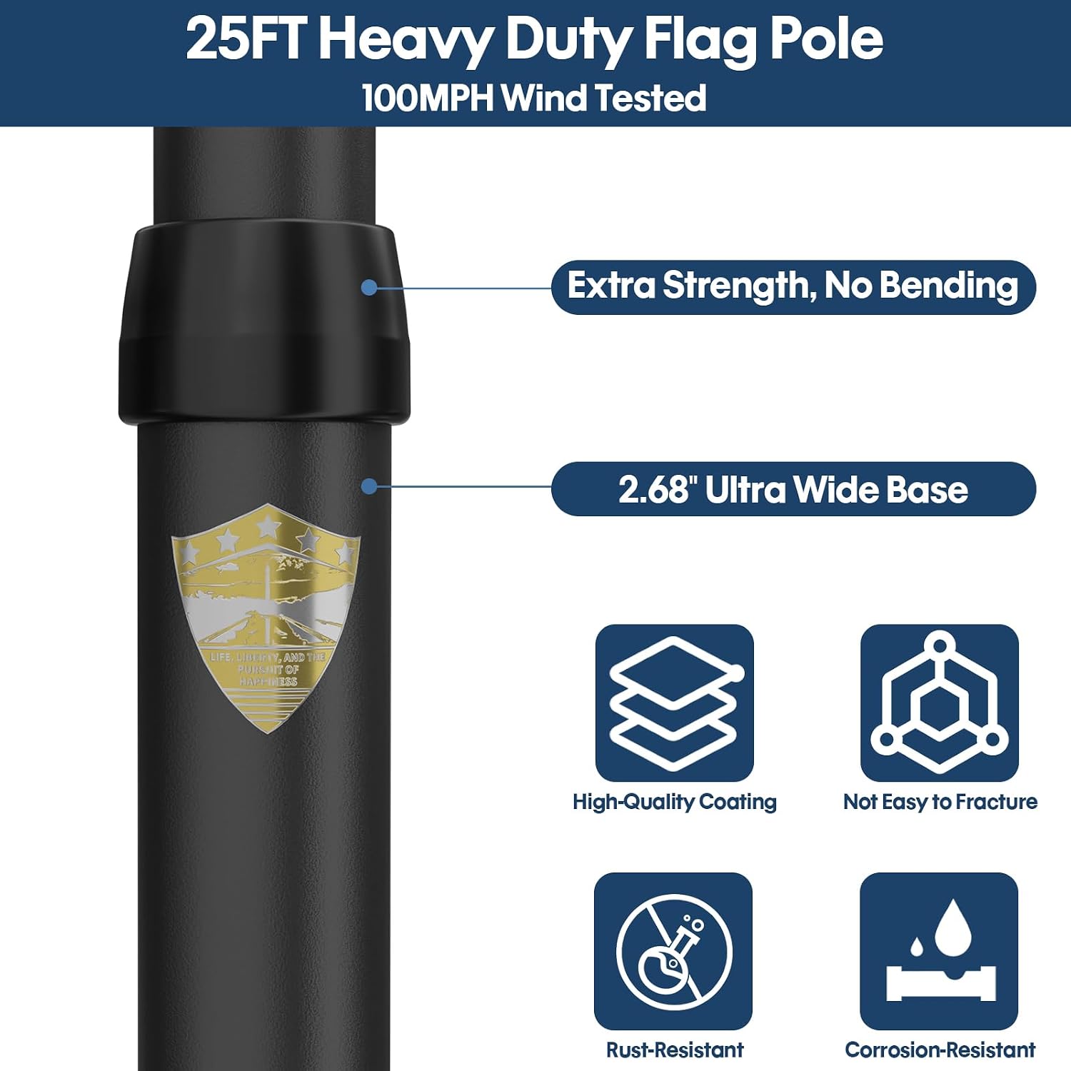 25FT Heavy Duty Flag Pole for Outside House,2.68" Ultra Wide Aluminum Base,100MPH Wind Resistant Rustproof Flagpole Kit with 3x5 USA Flag for Yard Outdoor Residential Commercial Display