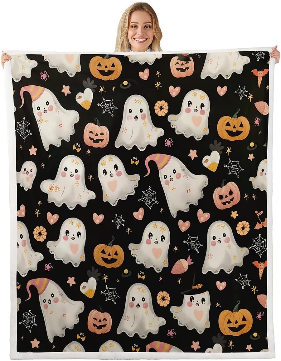 Cute Ghost Flannel Blanket,Watercolor Cartoon Halloween Fuzzy Blanket for Children Present,Kawaii Pumpkin Stars Floral Print Polyester Throw Blanket for Couch, Twin Size (60 x 80 Inch)