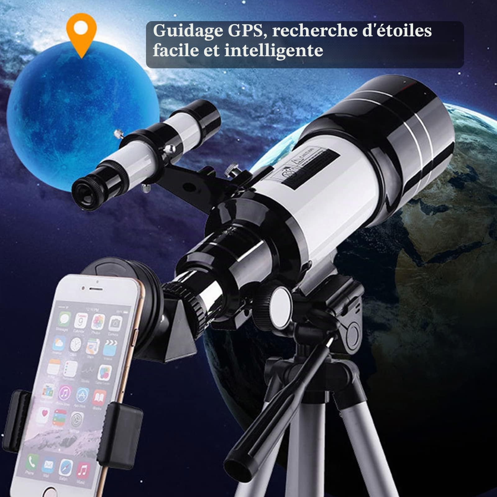 Télescope astronomique Adulte, Telescope astronomique pour Enfants, 300/70 mm, élescope Adulte débutants, astronomes Amateurs, avec trépied, 3 oculaires et Adaptateur de téléphone