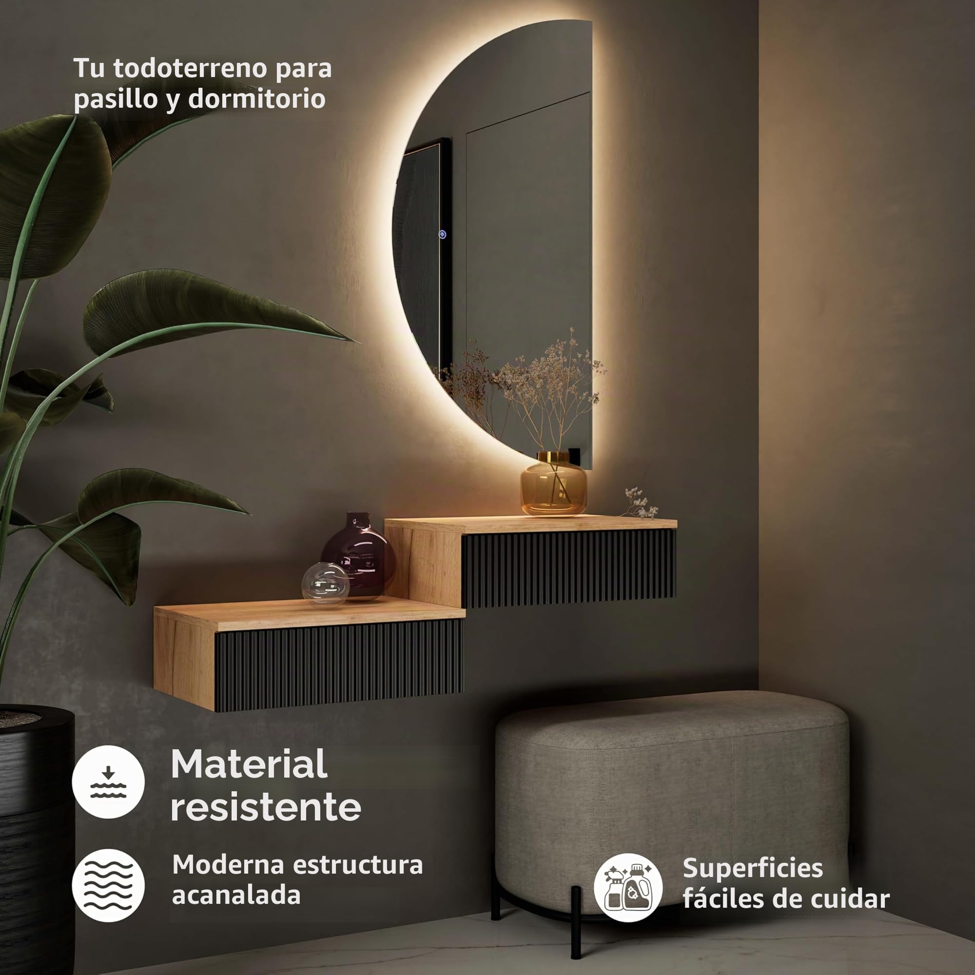 Planetmöbel Amyra - Consola estrecha con cajón, consola de pared para armario, pasillo y tocador, color dorado y negro, 50 x 16 x 35 cm