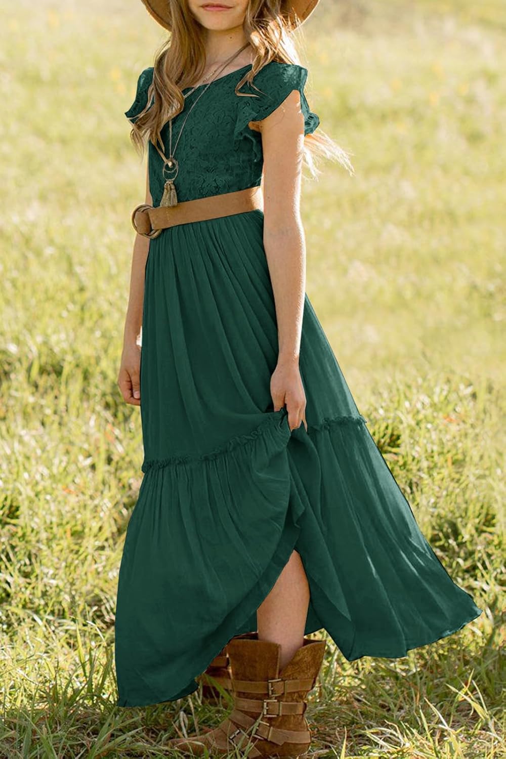 MITILLY Girls Lace Flower Ruffle Sleeve A-Line Swing Wedding Party Maxi Dress with Pockets - Image 4