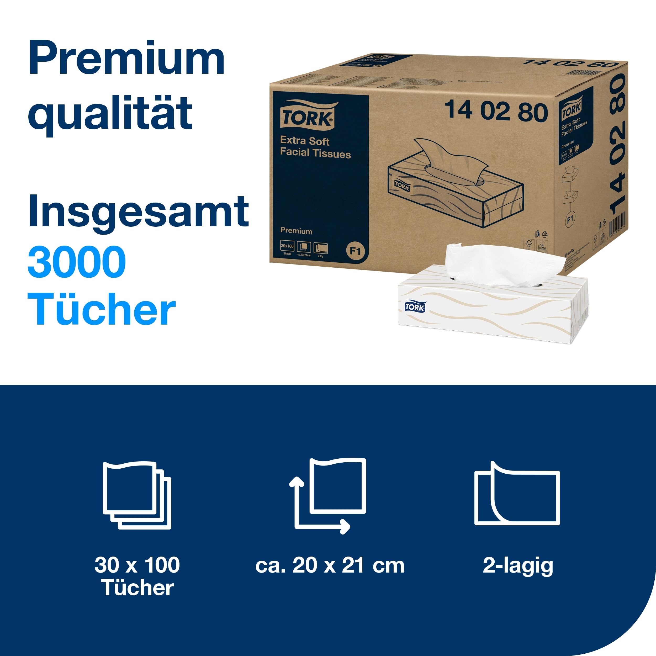 Tork weiche Kosmetiktücher Weiß F1, Premium, 2-lagig, 30 × 100 Blatt, 140280