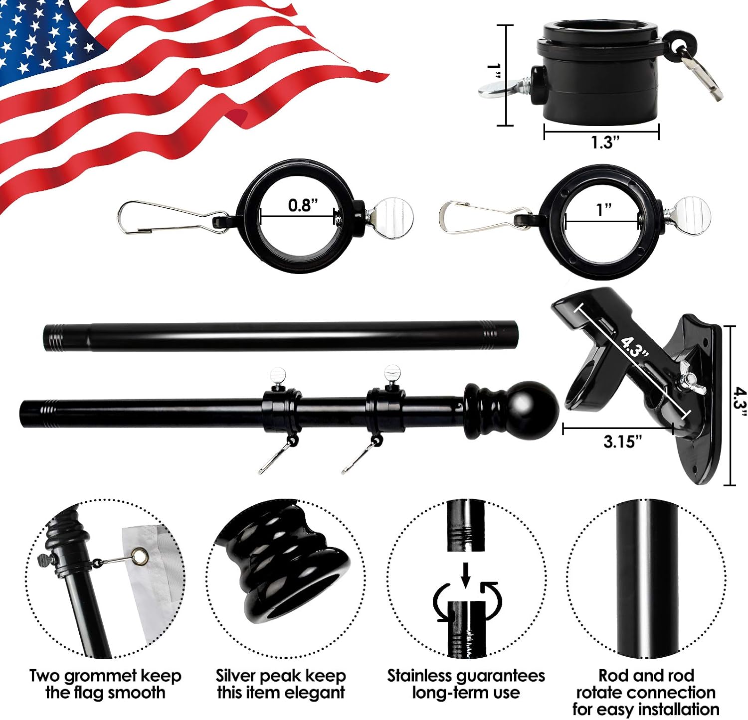 Chrider Flag Pole Kit, 6FT Flag Pole with Bracket, Flagpole Kit American Flag with Pole Holder, Stainless Steel Outdoor Flag Pole for House Roof Garden Yard Truck (Black Flag Pole with Black Bracket)