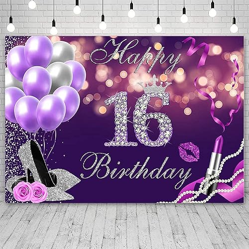 Miniatura 2 de Telón de fondo de feliz cumpleaños número 16 de 7 x 5 pies, globos Bokeh morados con purpurina plateada con purpurina, fondo de lápiz labial de
