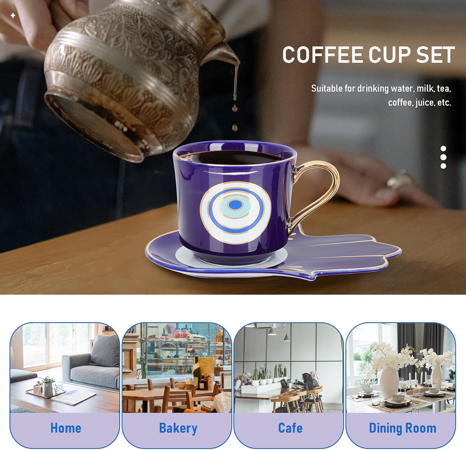 Luxshiny Evil Eye Coffee Cups Set: Turkish Blue Eye Espresso Cup Water Milk Mug Amulet Protection Tea Cup with Hamsa Hand Saucer Plate for Drinks Latte Lucky Decor Blue