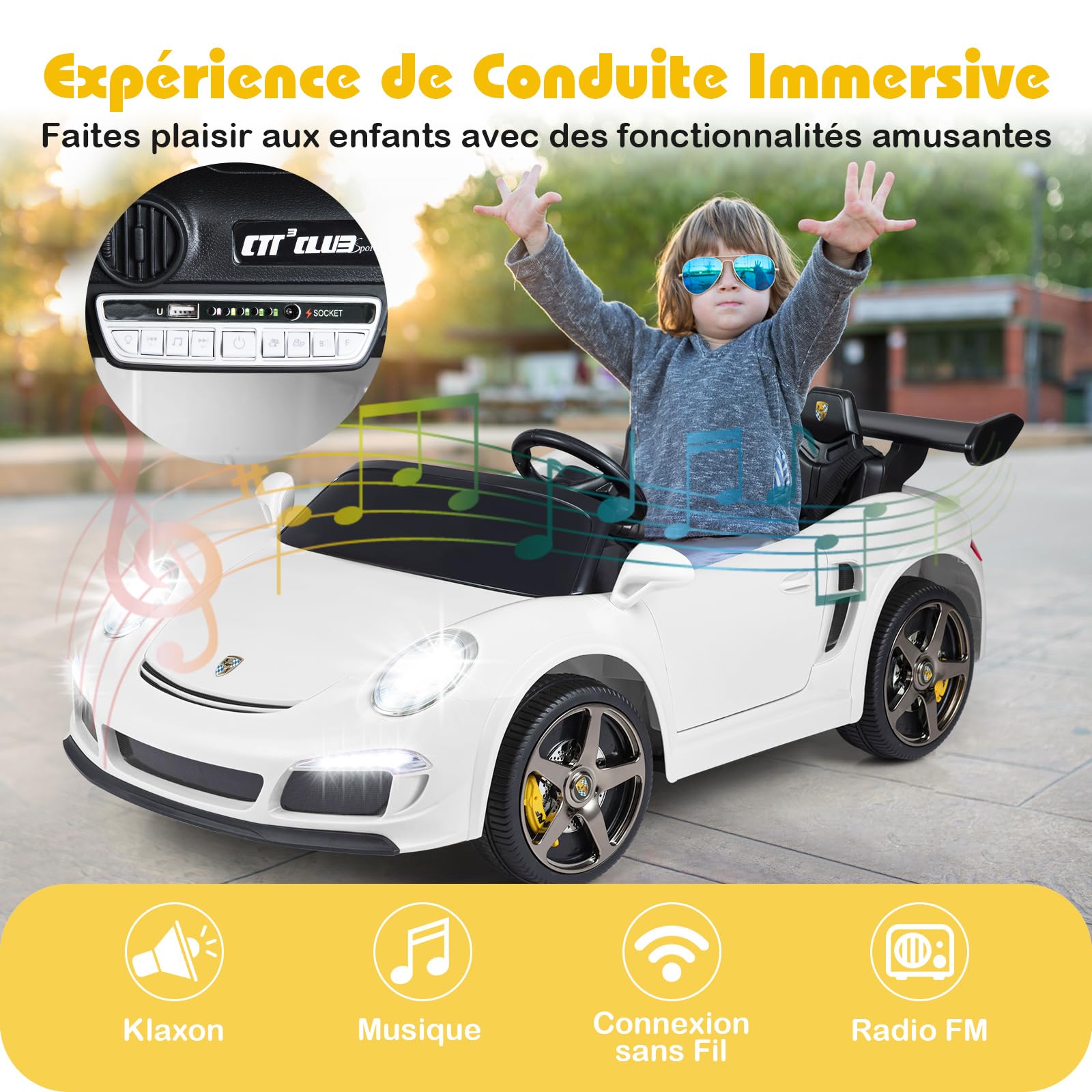 COSTWAY 24V Voiture Électrique Enfant 2 Places avec Télécommande 2,4G, Véhicule Électrique avec Lumières LED & Klaxon & Musique, 3-5 km/h, Charge 59kg pour Garçons Filles de 3-8 Ans (Blanc)