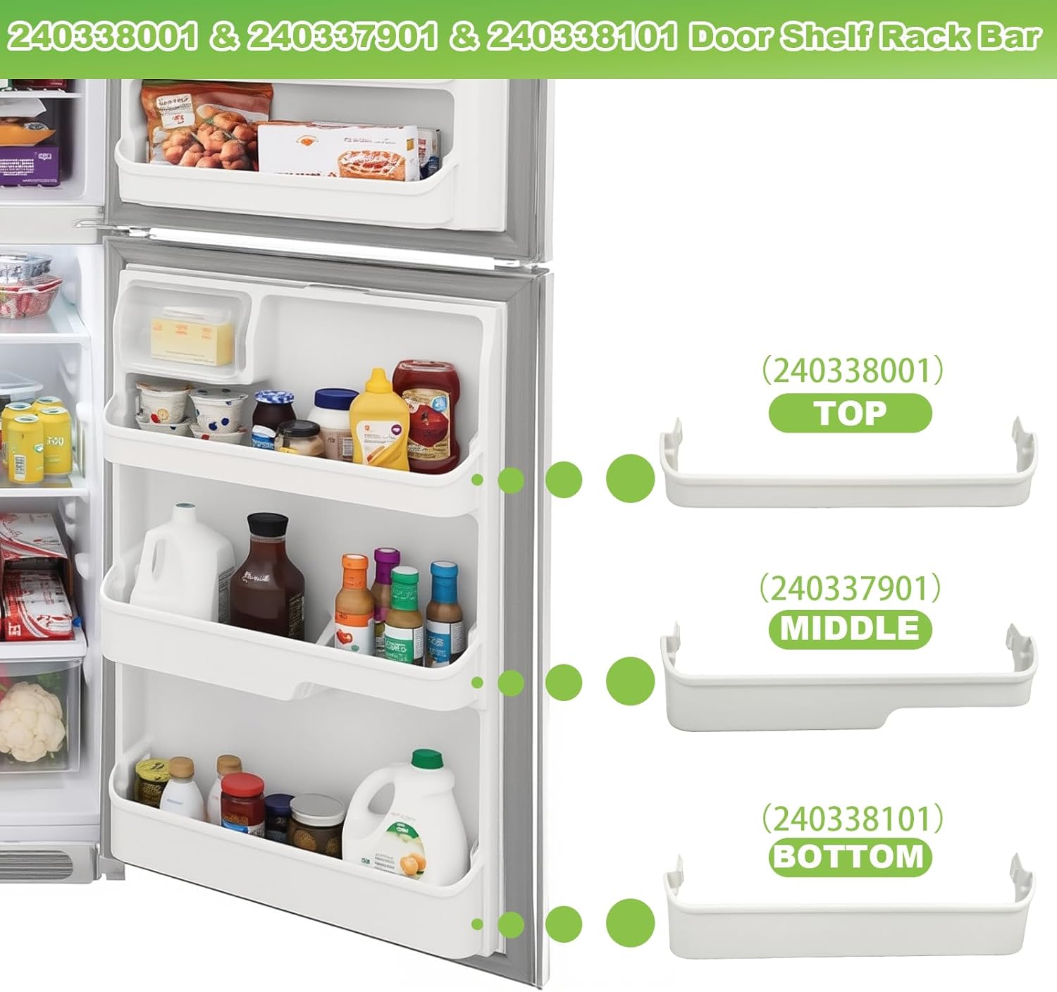 240338001 (Top) & 240337901 (Middle) & 240338101 (Bottom) Refrigerator Door Shelf Rack Bar Compatible with Frigidaire Refrigerator, Refrigerator Door Bin Shelf