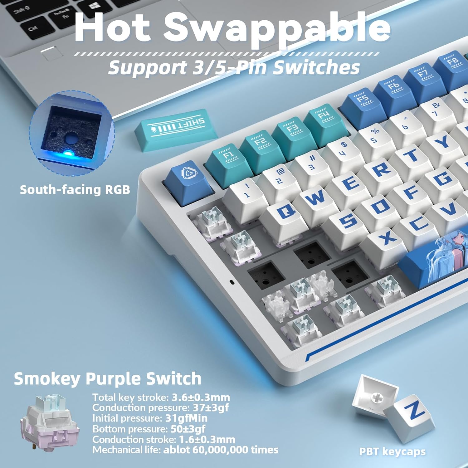 LINGBAO K75 Wireless Mechanical Keyboard, 75% Anime Gaming Keyboard with 10000mAh Battery, Hot-Swappable Pre-Lubed Switches, RGB Backlit, PBT Keycaps, Creamy Sounding Computer Keyboards for PC/Mac/Win - Image 5