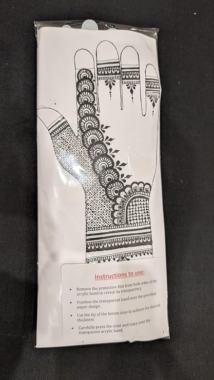 Henna Starter Pack: Reusable Transparent Acrylic Henna Hand with 2 Sample Designs & Natural Henna Cone in an elegant Storage Case
