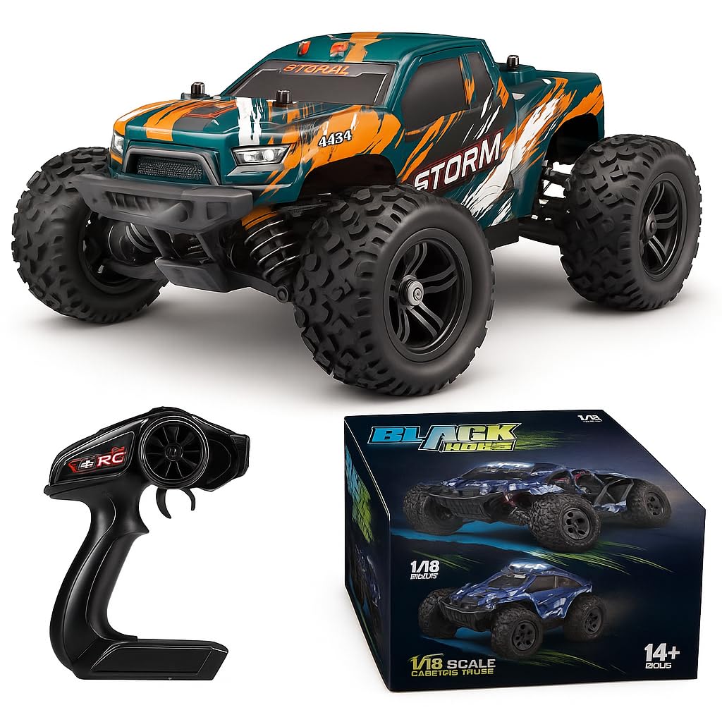 Coche teledirigido RC 4WD Escala 1:18, Monster Truck Off-Road 36 km/h con Control Remoto 2.4GHz, vehículo Todoterreno para Interior y Exterior, Regalo para niños +14 años