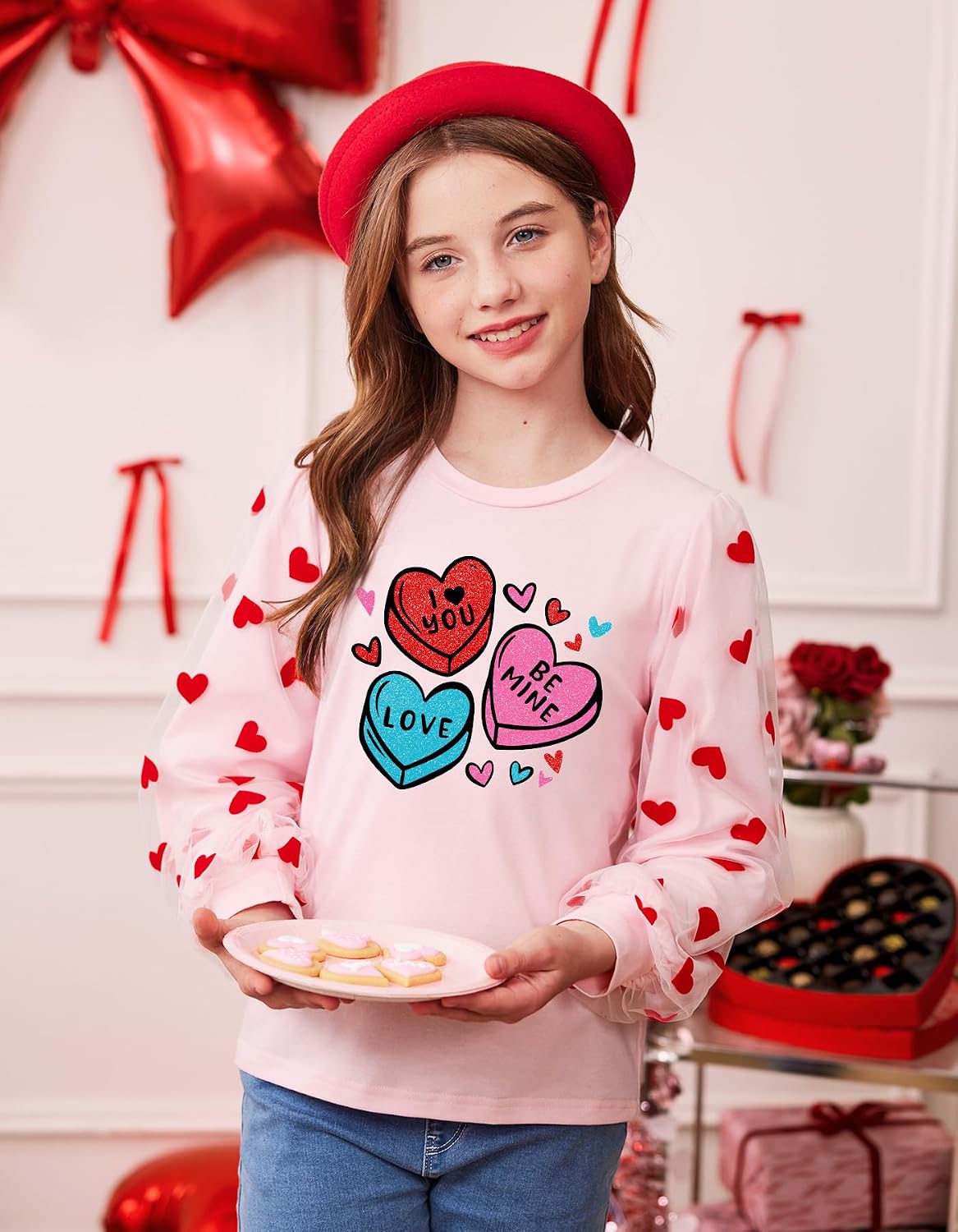 Girls Valentine’s Day Heart Print Top Mesh Long Sleeve Sweatshirt 4-14 Years