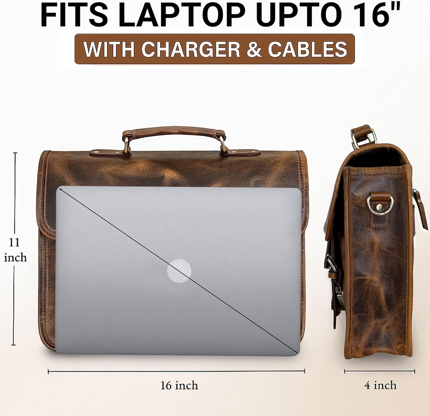 RUSTIC TOWN Leather Messenger Bag for Men - Full Grain Leather Briefcase Laptop Satchel Office Crossbody Travel Bag - Image 2