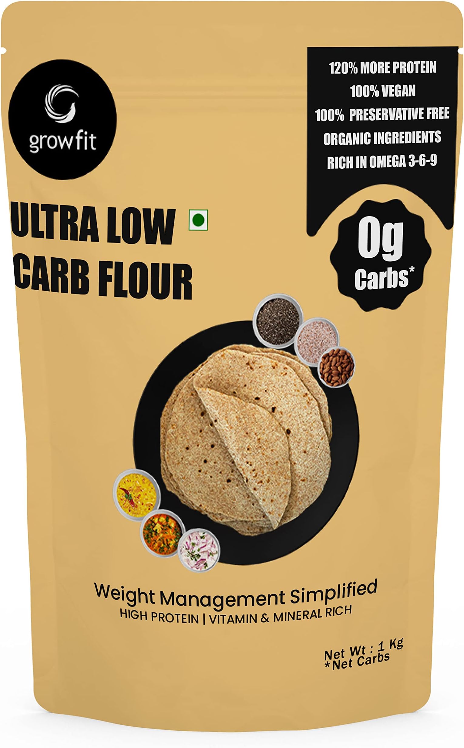 G growfit Ultra Low ZERO Carb Flour (1 kg) | Healthiest Vegan Keto Atta | 0.2g net Carbs per 25g Serving | Keto Atta | 32% Protein | Makes Roti, Bread and more | Keto Flour | Rich in Fiber, Vitamins, Minerals & Omega 3 | Contains Almond | Low Glycemic Index (GI)