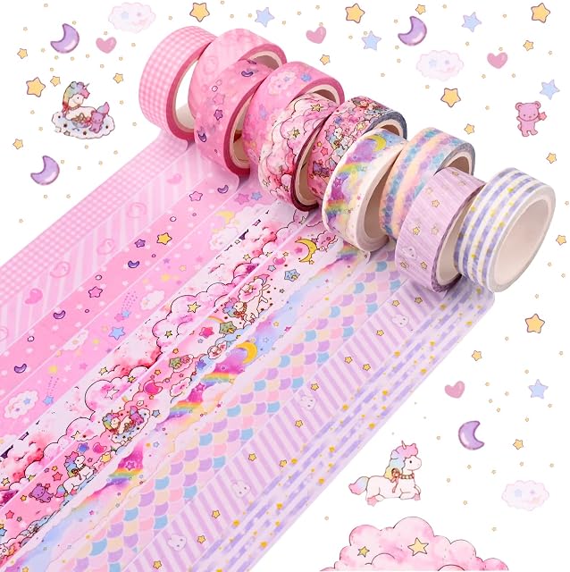 GLAITC Washi Tape Set,10 Rolls Cute Washi Tape 10/15/20mm Wide Pink Washi Tape for Scrapbooking,Coloured Washi Masking Tapes Classic Craft Washy Tape Paper for Arts DIY Crafts Gift Wrapping (Pink)
