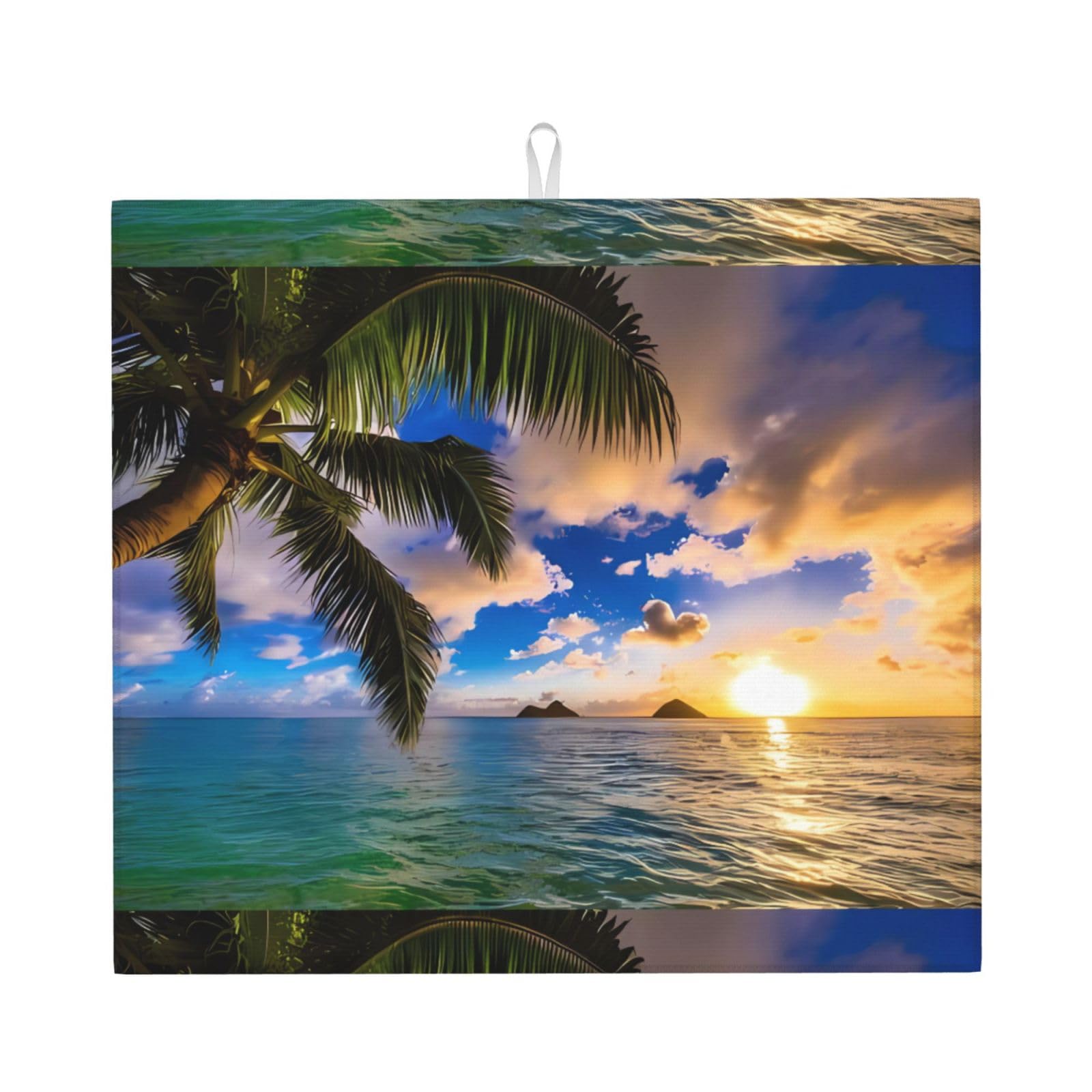 HJFCZH Tropical Hawaii Palm Tree Ocean Sea Sunset Prints Kitchen Drying Mat - Absorbent Dish Drying Throw with Vibrant Prints, Quick-Dry Countertop Layer for Dishes & Appliances - Non-Slip & Foldable