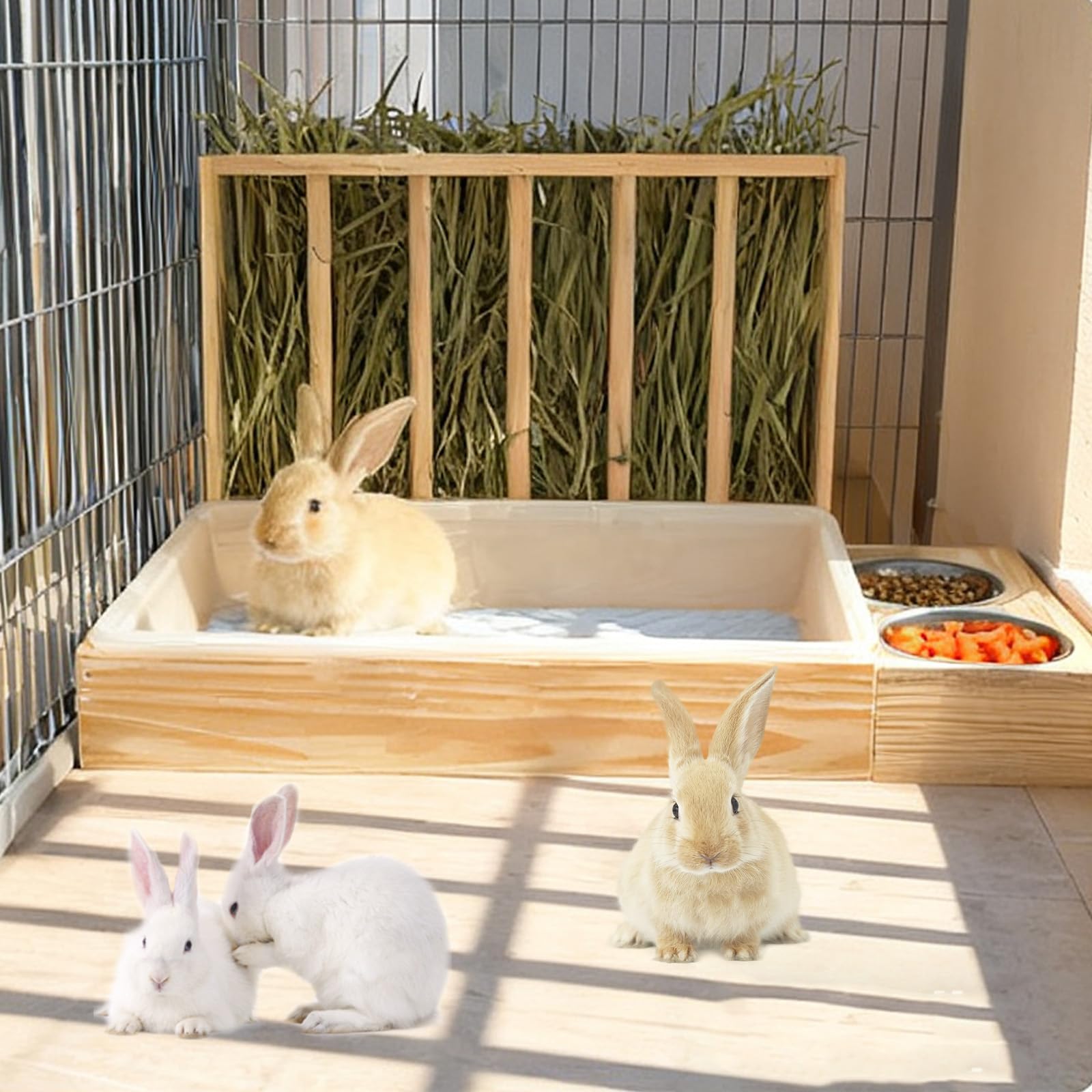 Râtelier à Foin en Bois, Grand Râtelier à Foin Multifonction avec Toilettes et Gamelle Mangeur de Foin de Lapin Support à Nourriture en Herbe pour Lapins Nains Cochons d'Inde Hamsters