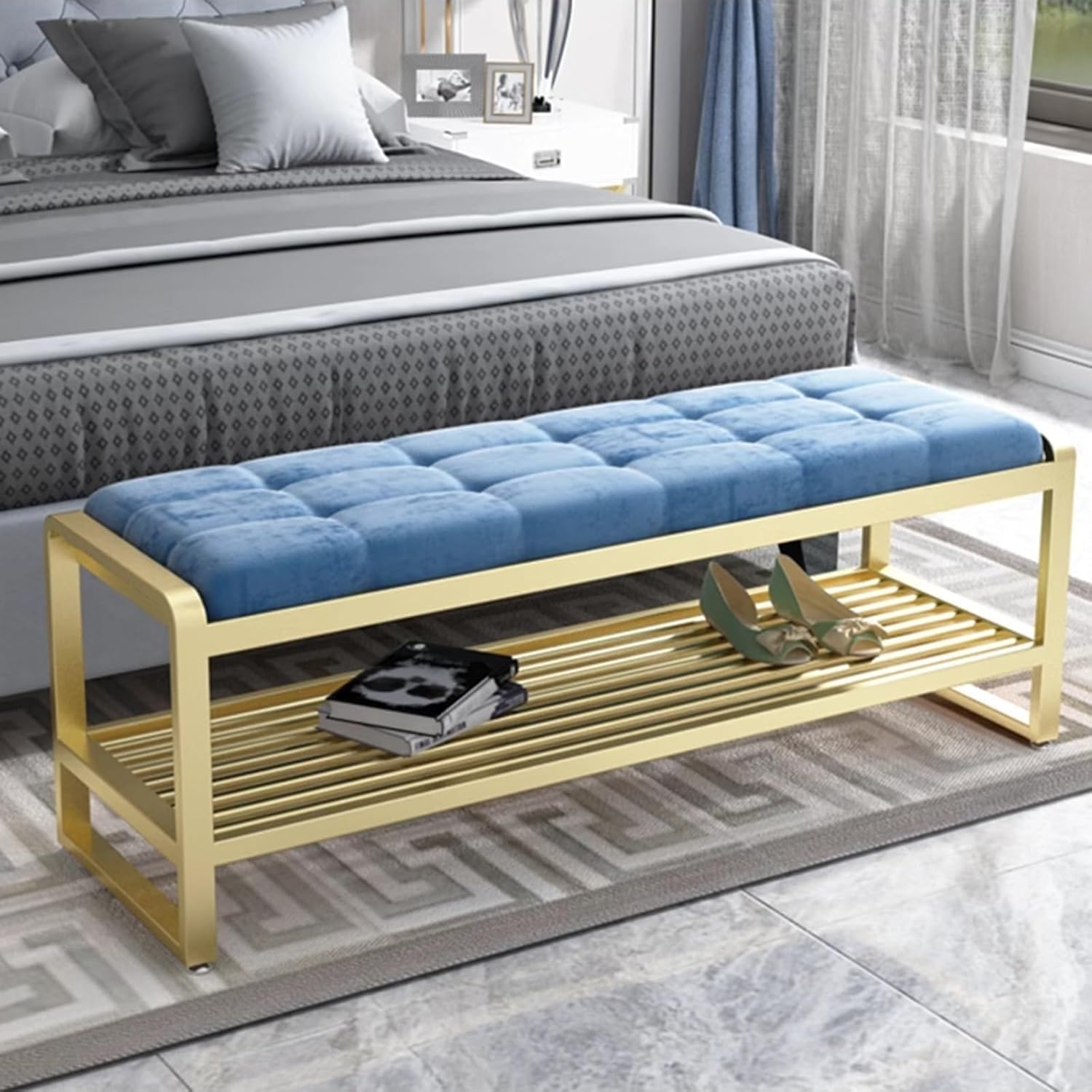 Banco de Entrada, Moderno otomano de Terciopelo con Espacio de Almacenamiento para Dormitorio, Banco tapizado con Patas Doradas
