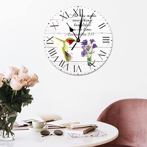 Miniatura 177 de ArogGeld He Made Everything Beautiful - Reloj de pared de PVC con flores rosadas, colibrí, reloj de pared grande con cita y números romanos, reloj