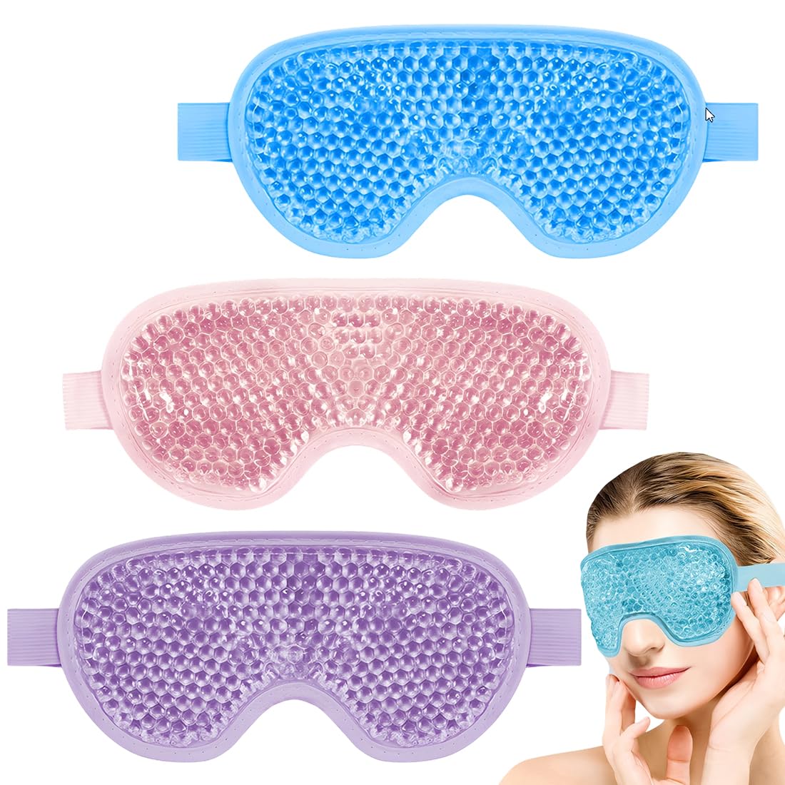 Pack de 3 Antifaz Gel Frío, Antifaz para Dormir, Mascarilla para Migrañas, Terapia Fría y Caliente para Ojos y Rostro