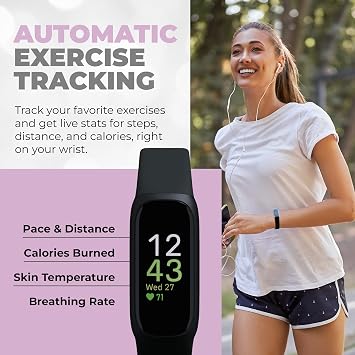 Fitbit Inspire 3 Health & Fitness Tracker Bundle - with Stress Management, Workout Intensity, Sleep Tracking, 24/7 Heart + 2 Silicone Bands, 2 Screen Protectors, Cleaning Cloth & Fast Charger