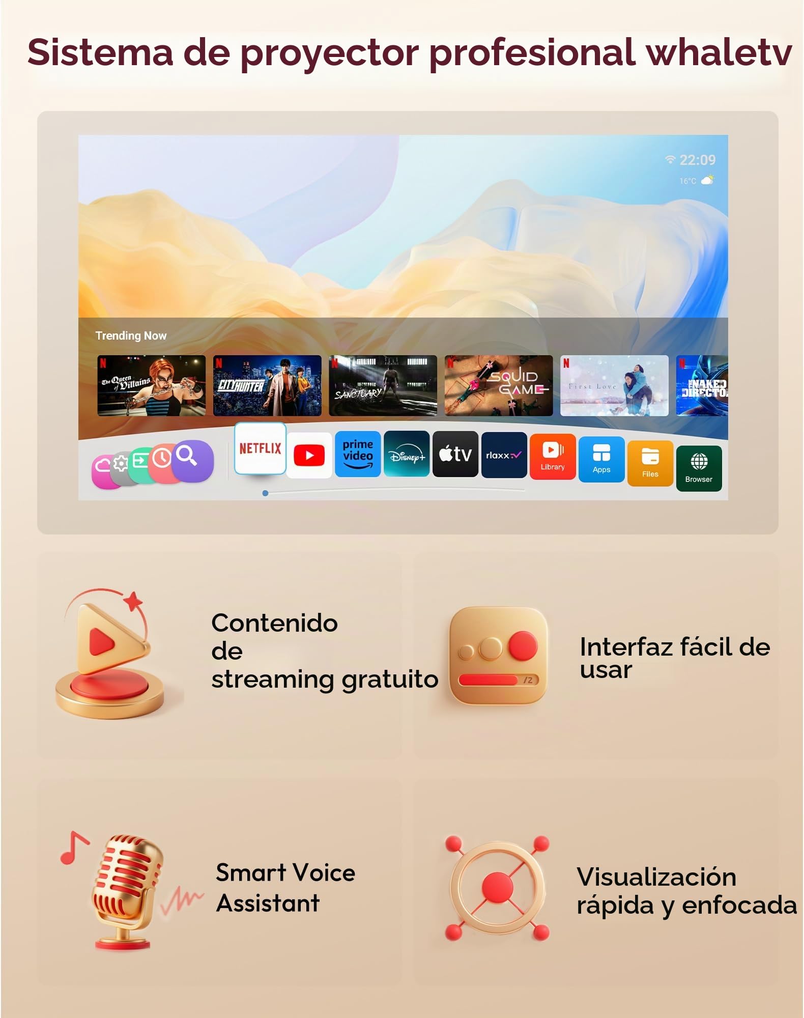 Proyector Xgody con certificación Netflix, resolución nativa 1080P, Compatible con 4K, 700 ANSI, Enfoque automático y Asistente de Voz. Proyector Inteligente N6PRO, WiFi 6, Bluetooth 5.4.