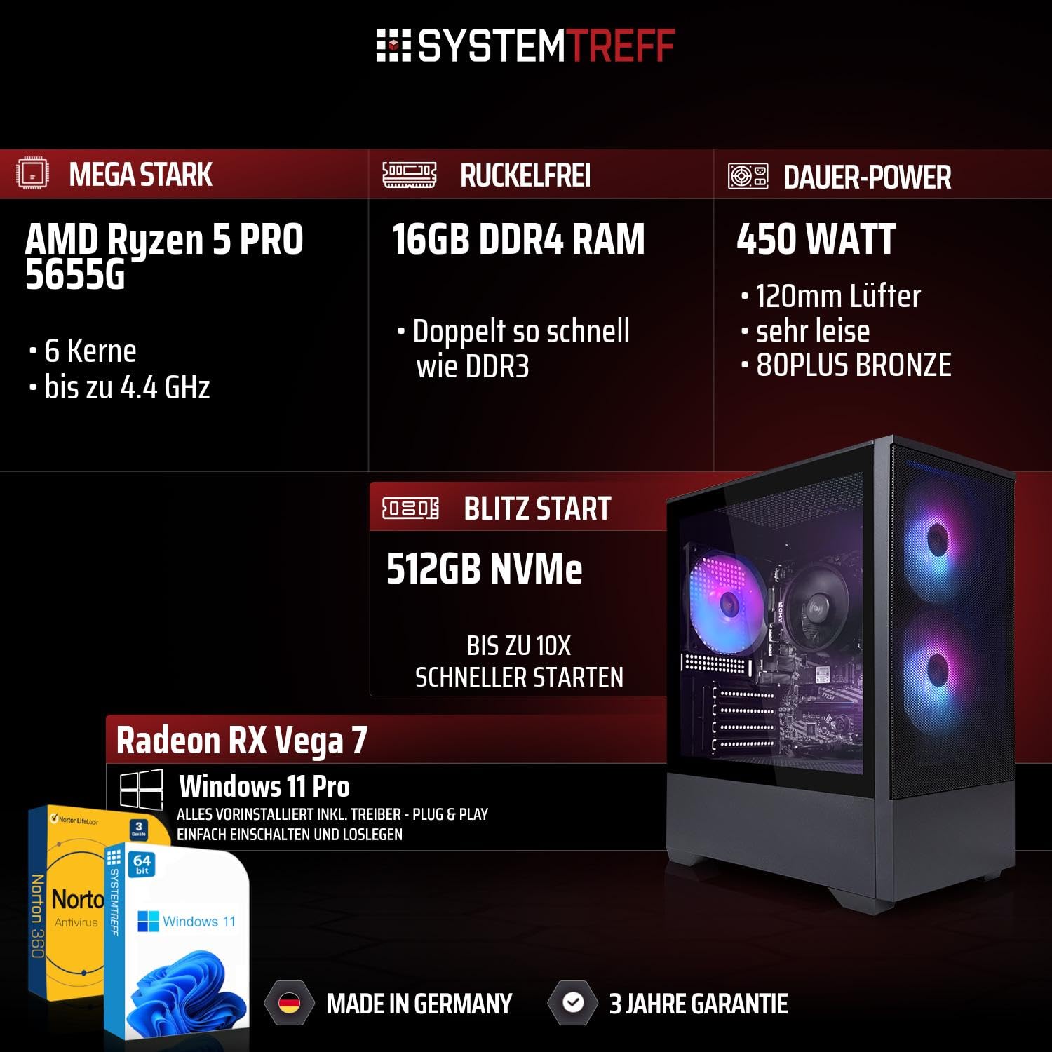 SYSTEMTREFF Basic Gaming Komplett PC Set AMD Ryzen 5 PRO 5655G 6x4.4GHz | Radeon RX Vega 7 4K | 512GB M.2 NVMe | 16GB DDR4 RAM | Windows 11 | 27 TFT Monitor | Desktop Paket Computer für Gamer, Gaming