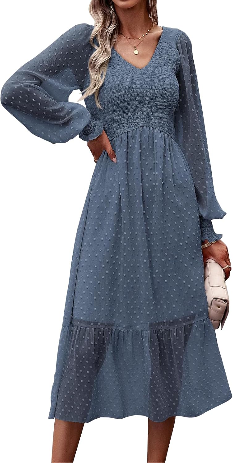 PRETTYGARDEN Women's Spring Dresses Long Sleeve V Neck Swiss Dot Empire Waist Chiffon Dress Ruffle Smocked Midi Dresses