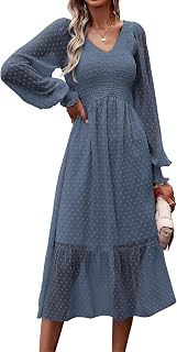 Women's Fall Dresses 2025 Long Sleeve V Neck Swiss Dot Empire Waist Chiffon Dress Ruffle Smocked Midi Dresses