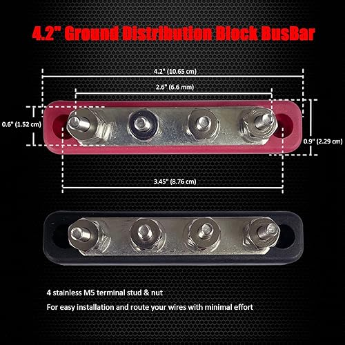 Miniatura 6 de 4 barras de bus #10 (M5), bloque de distribución de energía y tierra de 4.2 pulgadas, conexión de barra de conexión de batería de latón con cubierta