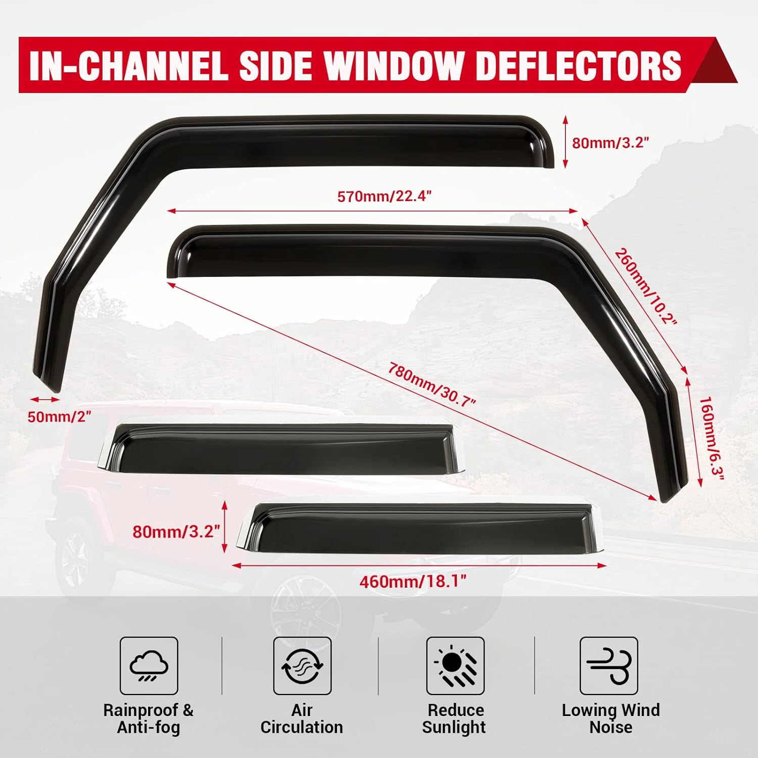 Partol Side Window Rain Guard in-Channel Side Window Deflectors Window Visor for Jeep Wrangler JL JLU/Gladiator JT 4-Door 2018 2019 2020 2021 (Not for JK)