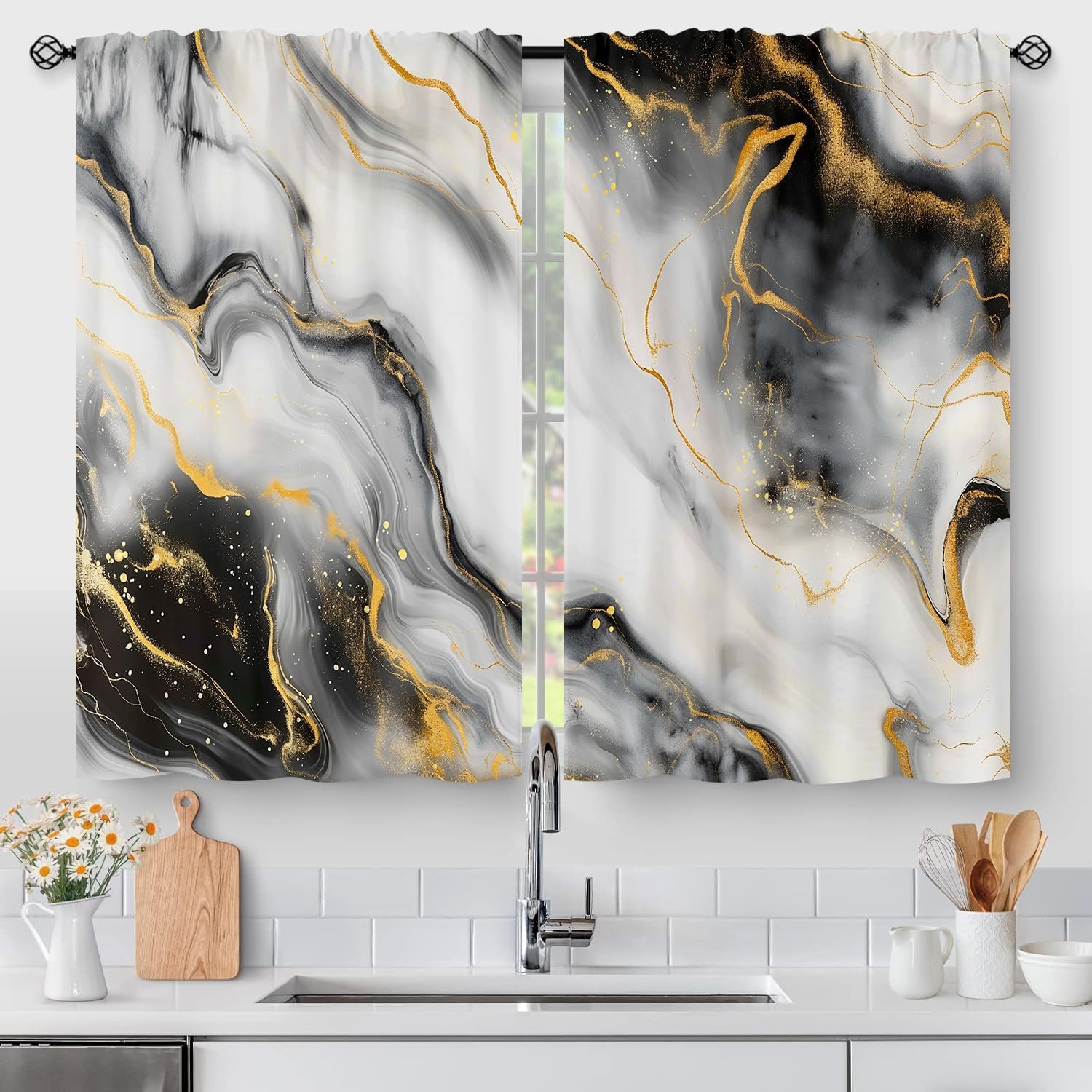 Marble Grey Gold Black Kitchen Curtains, Art Abstract Luxury Geometric Small Short Cafe Window Curtain Over Sink Bathroom Dining Room Decor Rod Pocket Window Drapes 2 Panels 36"x28" Inch