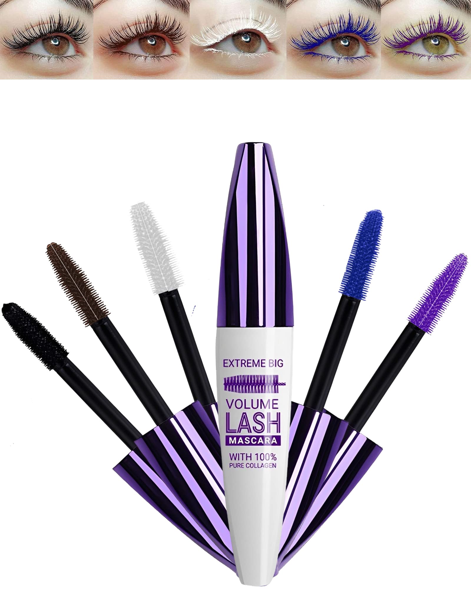 5D Waterproof Colored Mascara Volume and Length,5 Color Black Brown White Blue Purple Fiber Mascara for eyelashes, Longlasting Curling rimel de