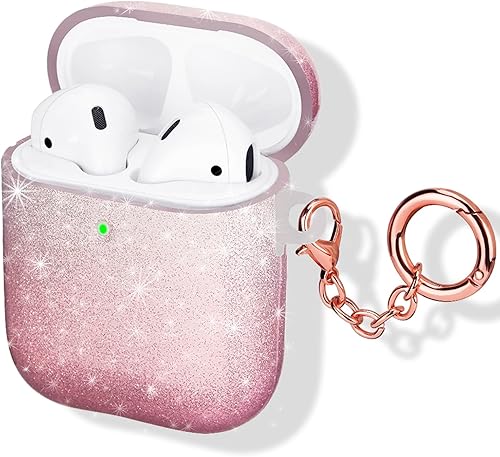 Miniatura 3 de Shining Pink - Funda protectora para audífonos y auriculares, funda protectora de TPU suave con llavero compatible con AirPods 2 y 1, color rosa