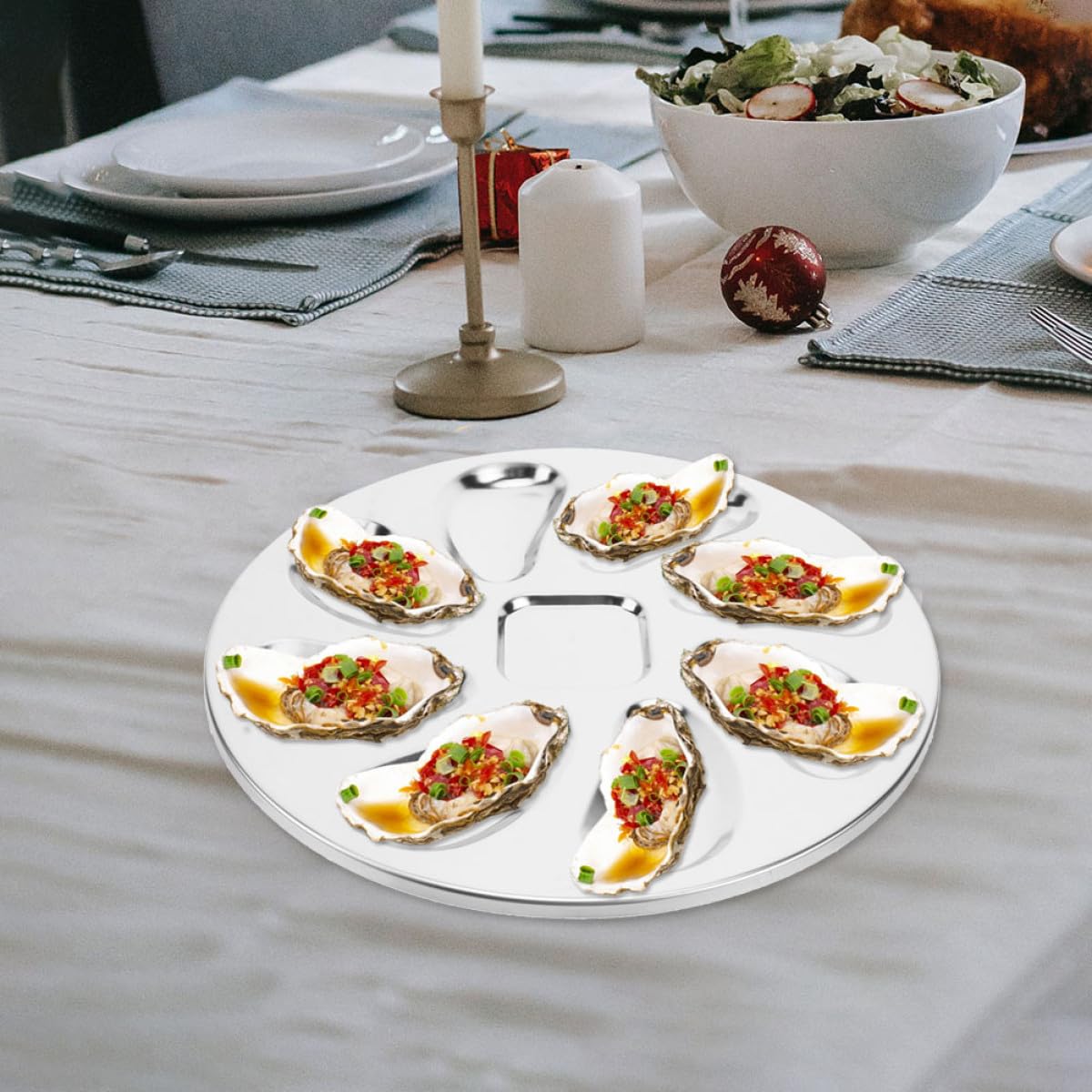 BESPORTBLE Vassoio per Ostriche in Acciaio Acciaio 2 Pezzi Piatto da Portata Multifunzione Porta Salsa Resistente all’Usura per Uso Domestico e Ristoranti Accessorio Cucina per Molluschi