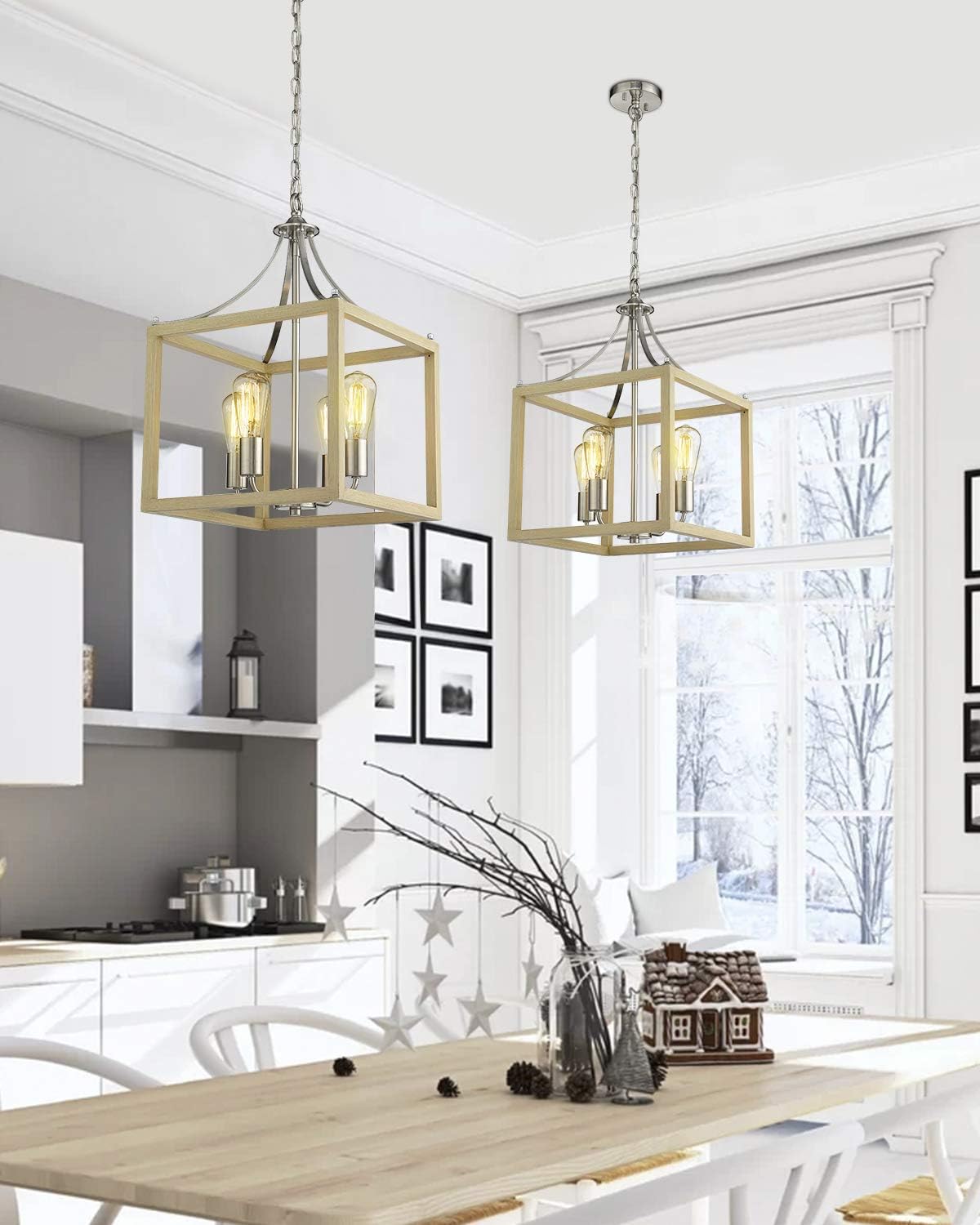 Up To 50% OFF Zeyu Foyer Lantern 4-Light Chandelier, Modern Pendant Hanging Light for Hall Dining Room, Wood Grain and Satin Nickel Finish, ZJF12-4 WD+SN Free Shipping Offer Zeyu Foyer Lantern 4-Light Chandelier, Modern Pendant Hanging Light for Hall Dining Room, Wood Grain and Satin Nickel Finish, ZJF12-4 WD+SN