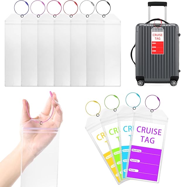 10 Pack Cruise Luggage Tag Holder, Waterproof Luggage Label Holders, Clear Cruise Luggage Tags with Zip Seal & Steel Loops, Cruise Accessories for Travel Vacation