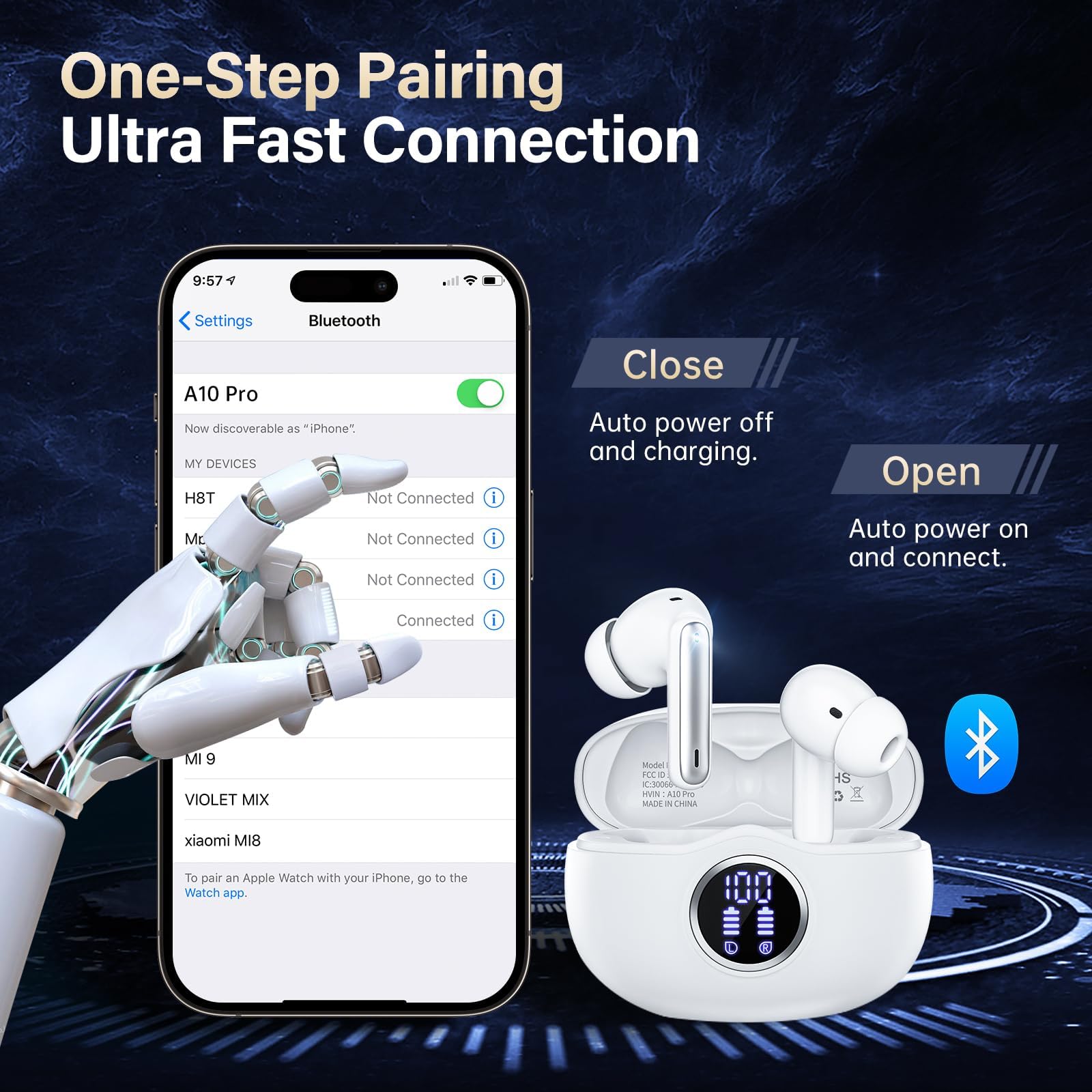 Wireless Earbuds, Bluetooth 5.3 Headphones HiFi Stereo 50H Playback LED Digital Display Ear Buds with ENC Noise Canceling Headset, IPX7 Waterproof Earphones for Gym/Running/Work (White) — view 7