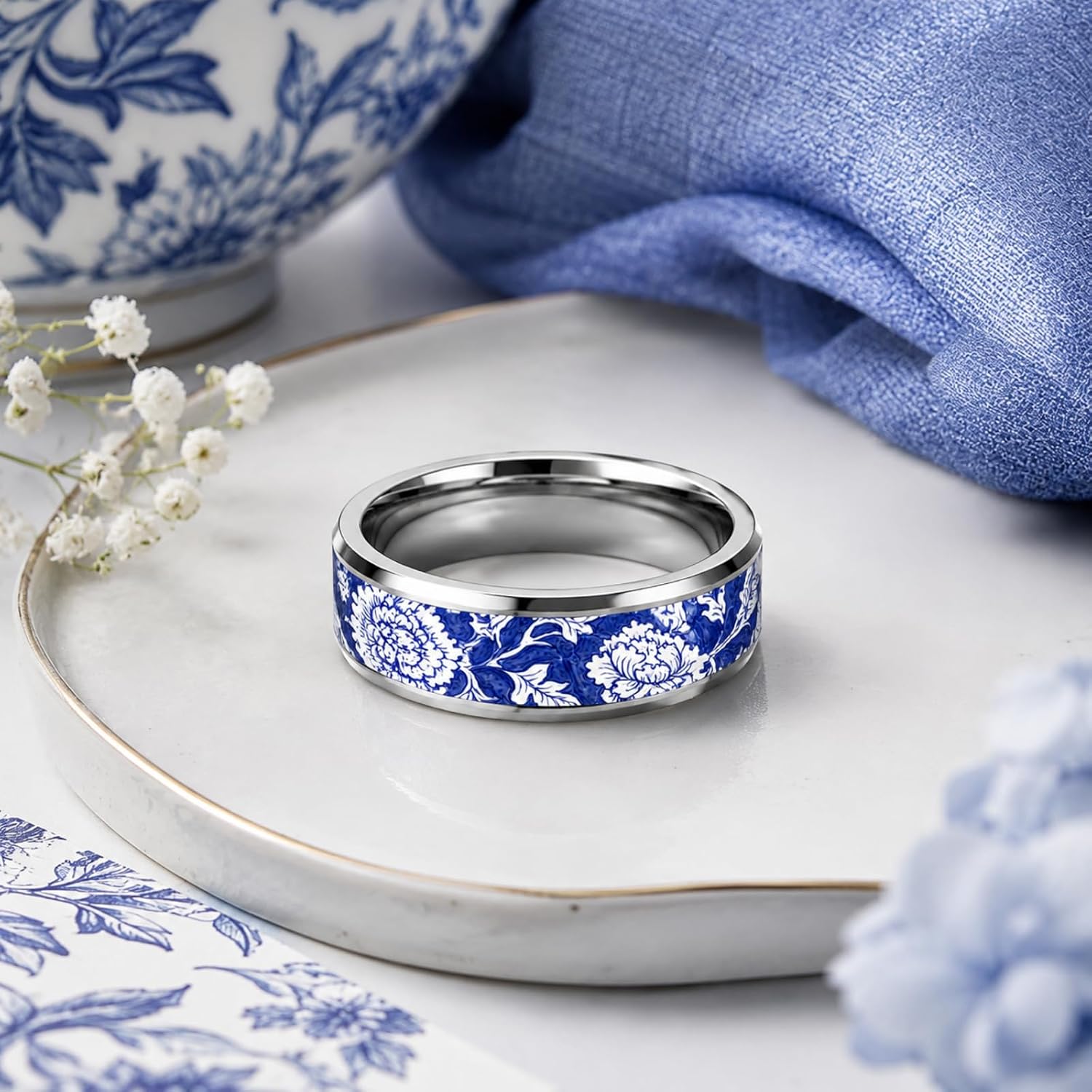 Floral Ring For Women, Vintage Botanical Peony Blue And White Porcelain Pattern Wide Band Stainless Steel Wedding Anniversary Promise Jewelry Gift image 5