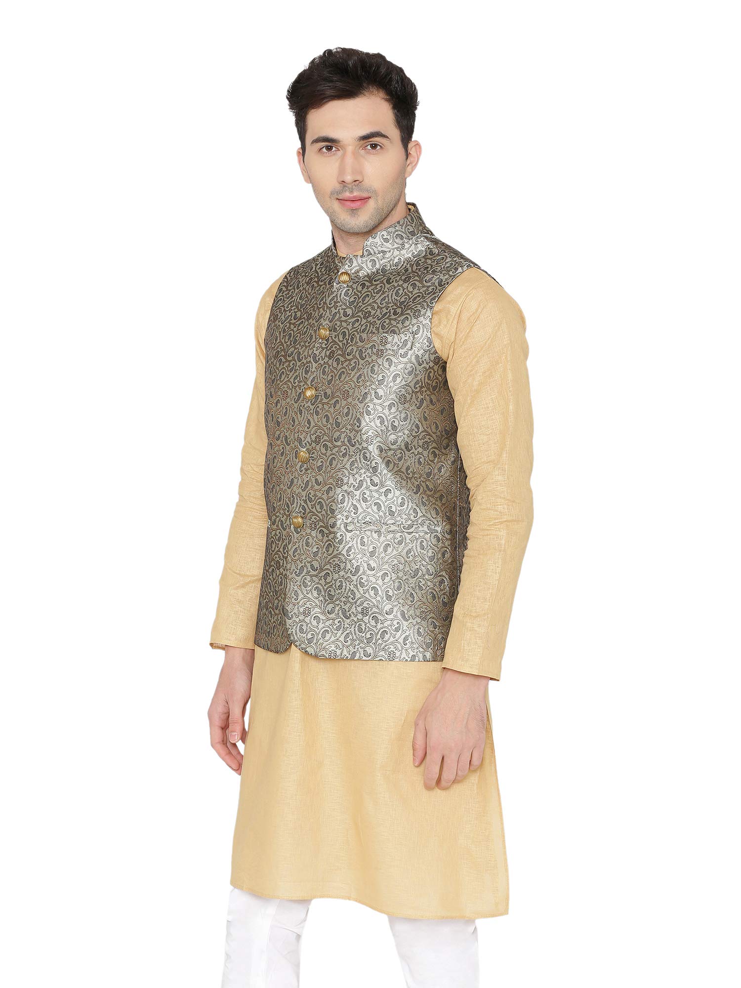 WINTAGE Men's Banarasi Rayon Cotton Casual and Festive Nehru Jacket Vest Waistcoat : Grey