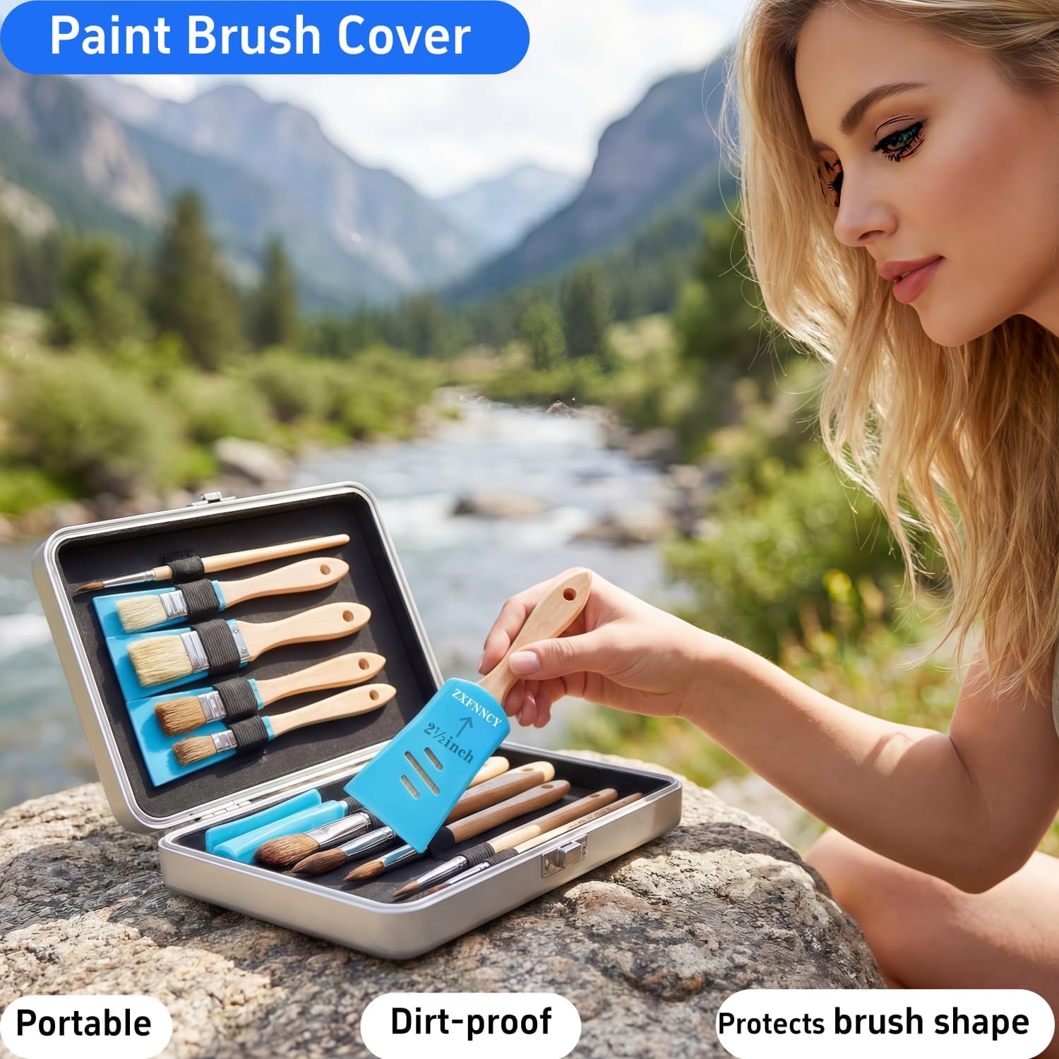 3 Pack Silicone Paint Brush Cover, Universal Paint Brush Protector Guards & Holders for 3 Inch Brushes, Reusable Shield Sleeves to Protect Bristles & Keep Shape Blue (2.5IN)