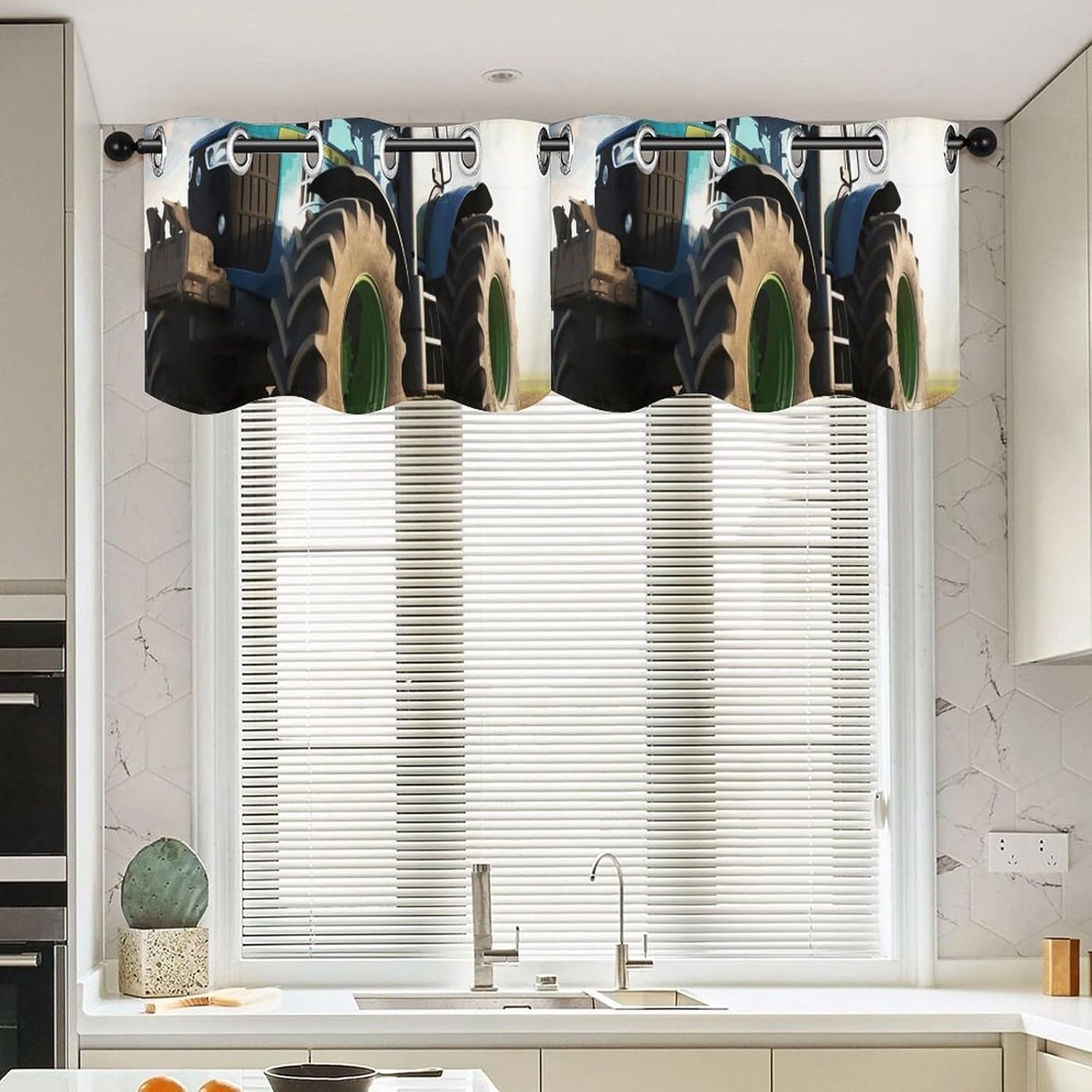 Farm Tractor Valance for Windows, 2 Pack Kitchen Curtains Modern Home Decor, Soft Blackout Window Curtains for Living Room & Bedroom, 18 X 52 Inch