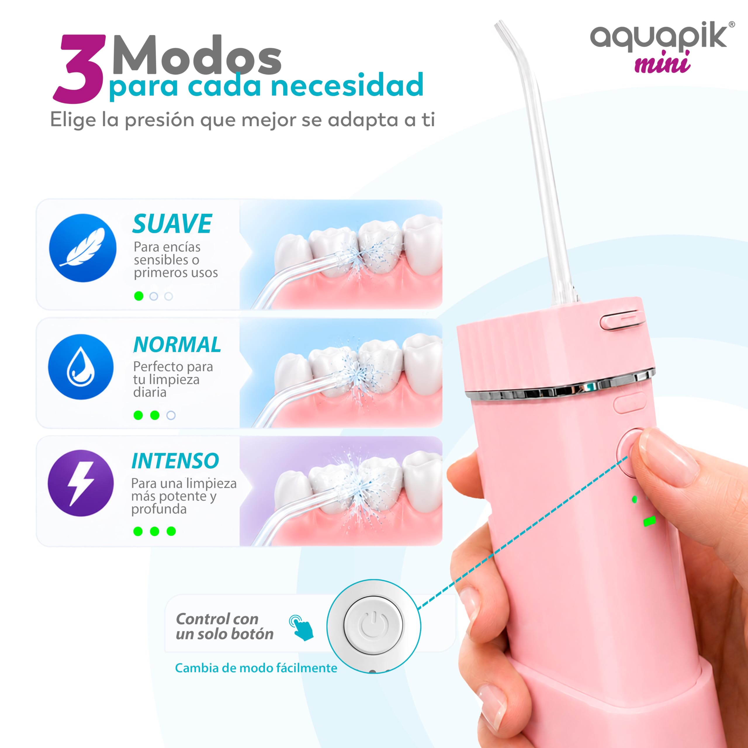 Aquapik® Mini Irrigador dental portátil 200 ml con tanque telescópico recargable USB tipo C, 3 modos de presión impermeable IPX8, fácil de llevar ideal para viajes y oficina, limpieza dental profunda.