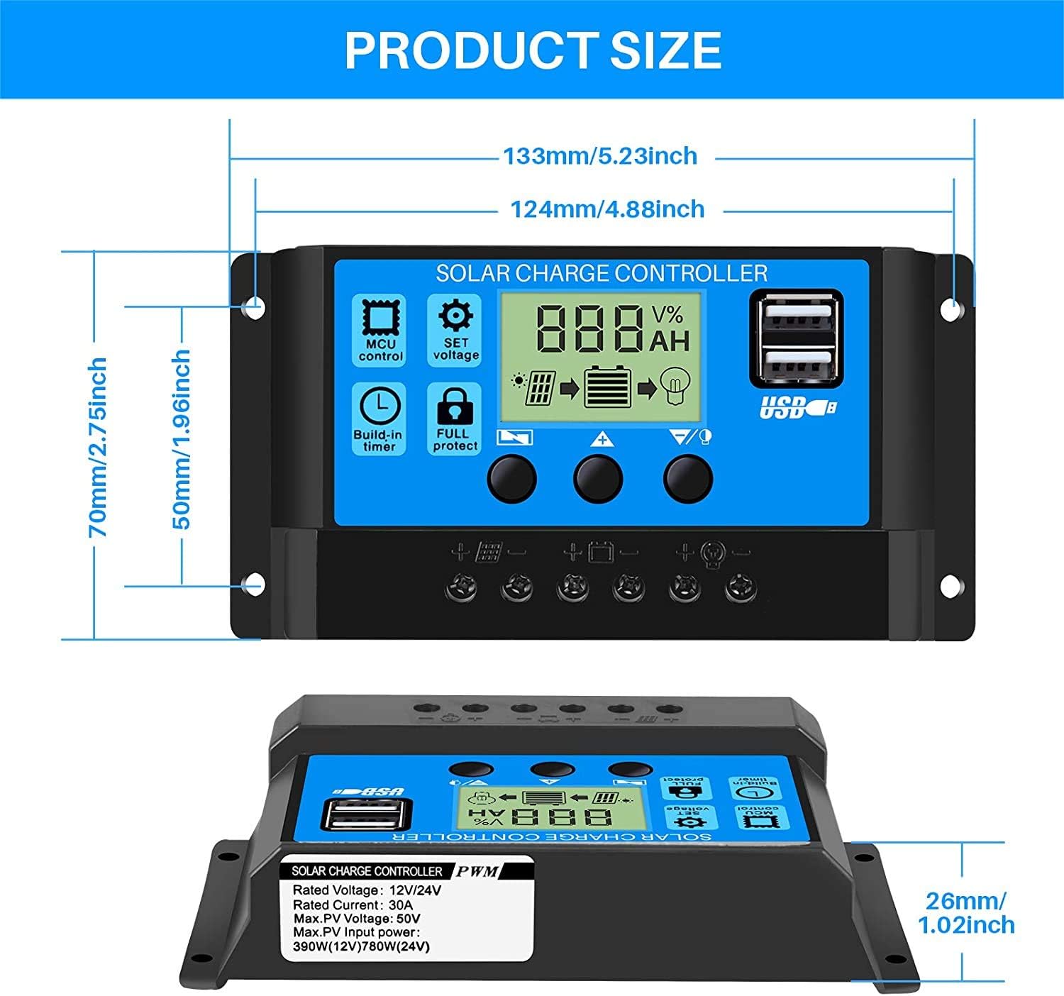 Thlevel 30A Solar Charge Controller, 12V/24V PWM Solar Panel Charge Controller Intelligent Regulator with Adjustable Parameter LCD Display, Dual USB Port and Setting of Light Control Delay Mode