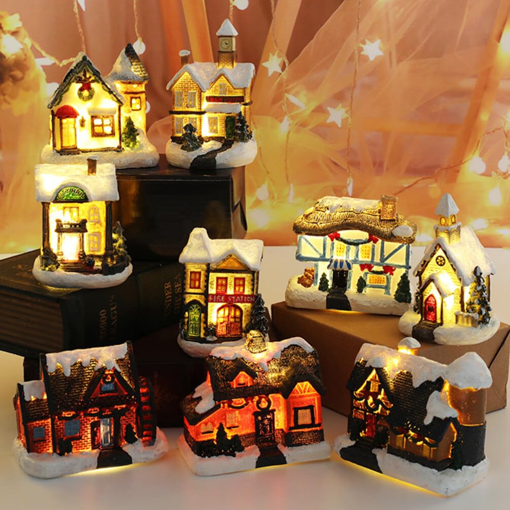 Uonlytech 4 piezas Navidad casa luminosa led pueblo bricolaje cabaña de resina modelo colgante adornos para árbol de Navidad decoración de mesa del hogar