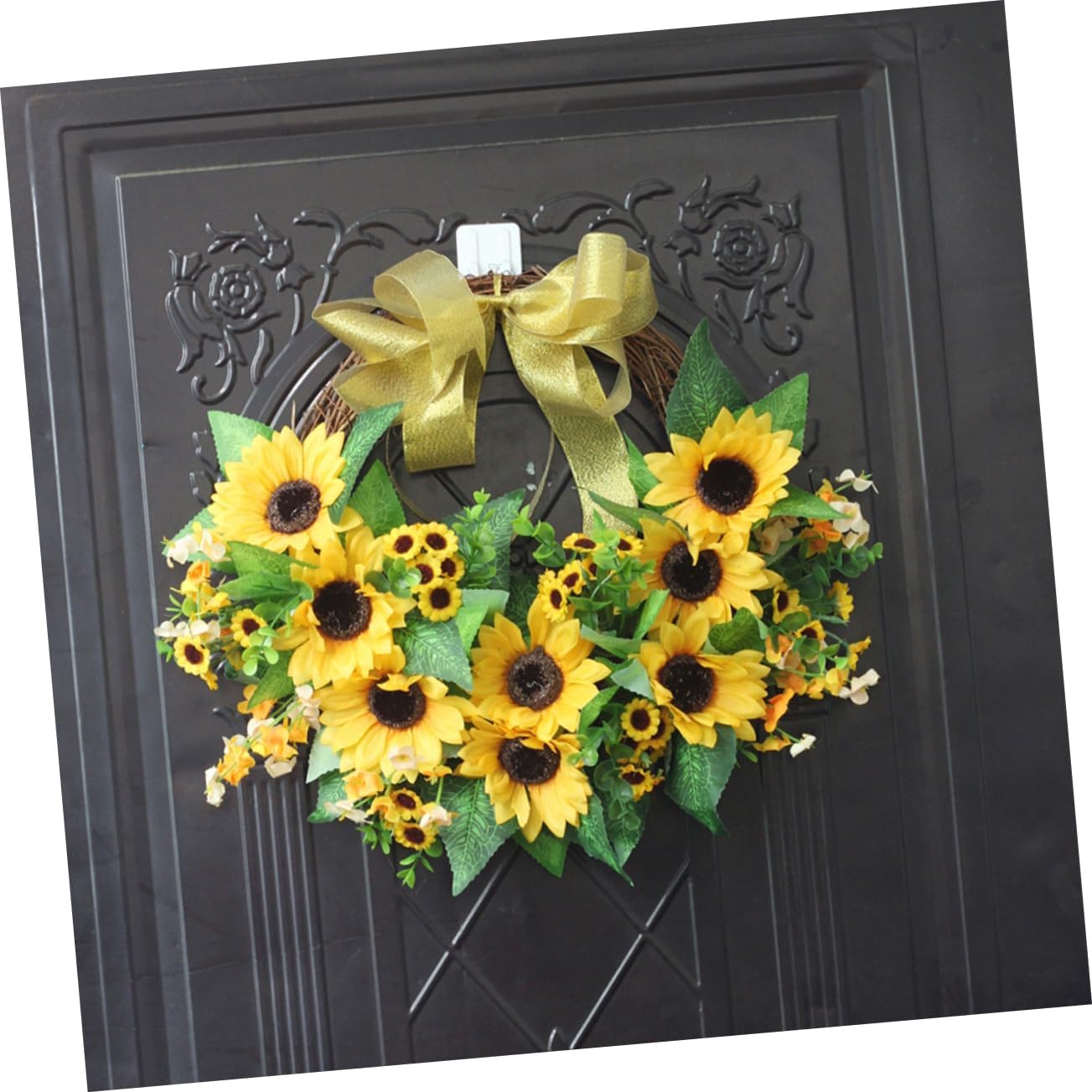 Cabilock Sunflower Wreath with Bowknot Artificial Floral Front Door Decoration Yellow Greenery Garland for Home Farmhouse Outdoor Wedding Decor