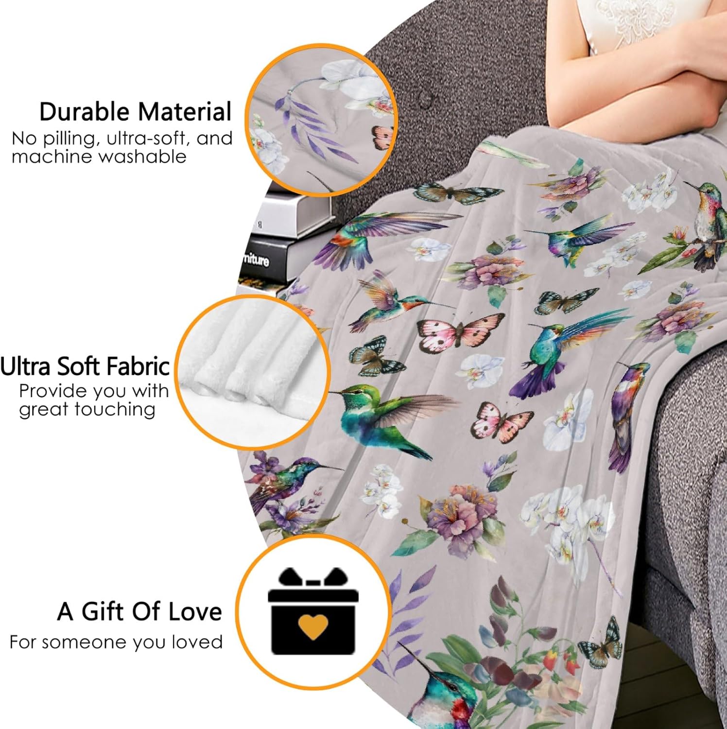 Hummingbird Throw Blanket Butterfly Hummingbirds Theme Blanket for Women Girls Hummingbird Gifts for Bird Lovers Bird Flower Blanket for Couch Bed Outdoor 40"x50"for Kids/Child - Image 9
