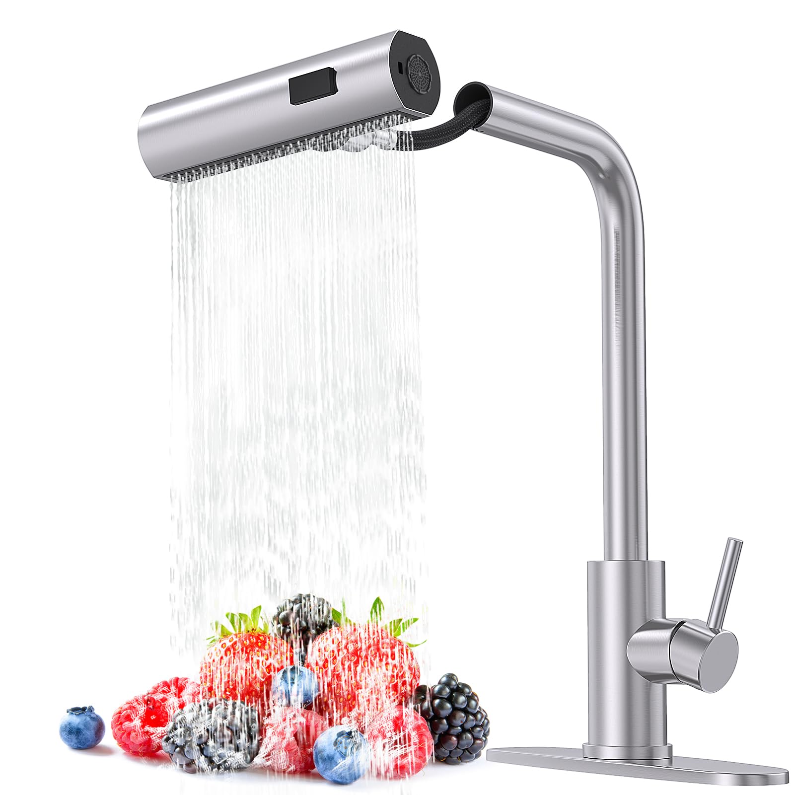 AVSIILE Brushed Nickel Single Hole Kitchen Faucets with Pull Down Sprayer, Single Handle, High Flow Water, Pull Out Tap, Stainless Steel Sink Faucet, Suitable for Farmhouse Camper Laundry Rv Bar