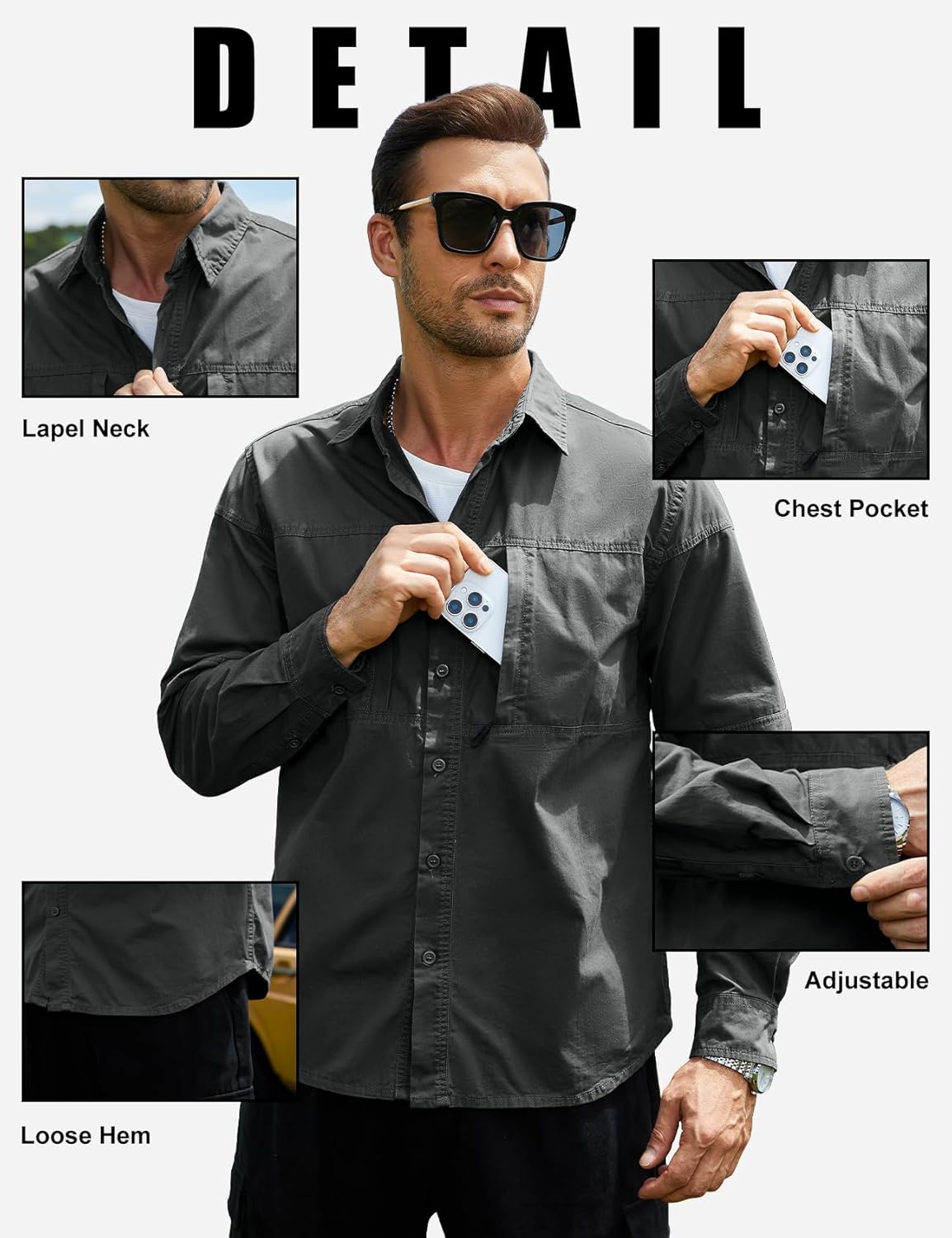 Eisctnd Men's Long Sleeve Tactical Work Shirts, Outdoor Casual Button Down Shirt with Zipper Pockets for Hiking, Safari - Image 4
